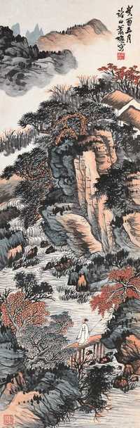 萧愻 癸酉（1933年）作 秋山曳杖 立轴